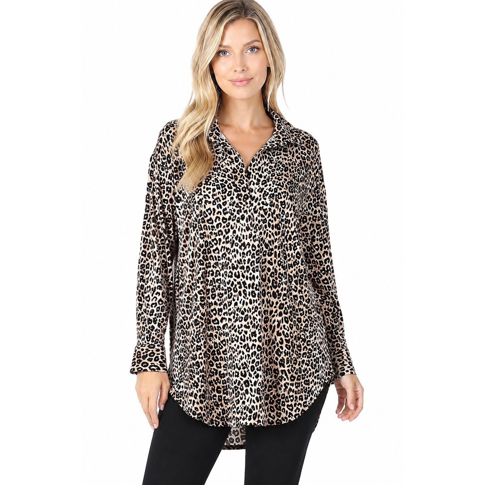 Chico's Tunic Blouse 3 = 16 Leopard Wrinkle Resistant Cotton Button Up Classic